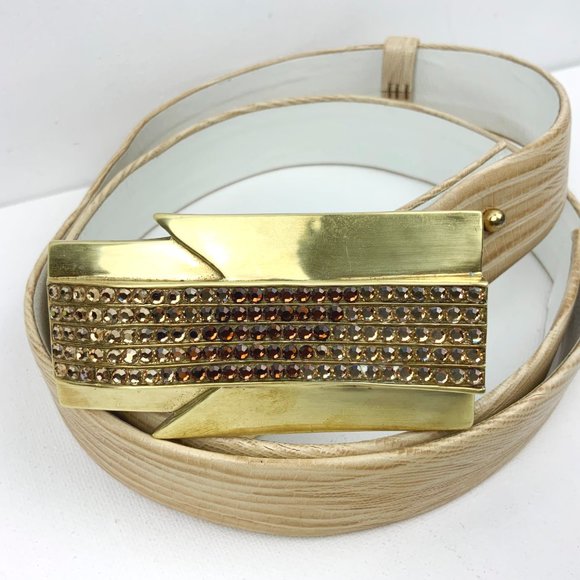 Vintage Belts By Lois Custom Made Embossed Leather Tan Belt  Sz 34" - 37.5" - Picture 4 of 16